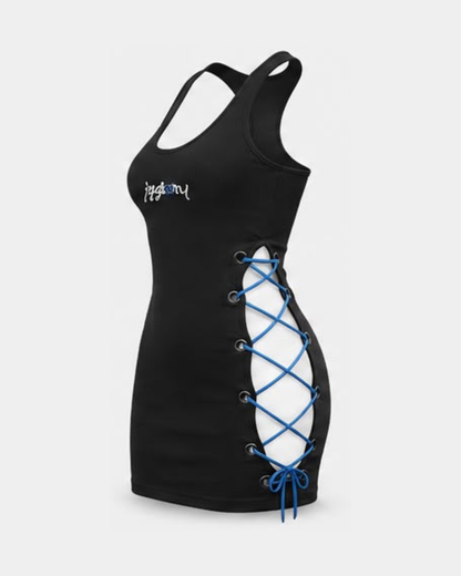 Laced Up Tank Top Dress - Black/Blue
